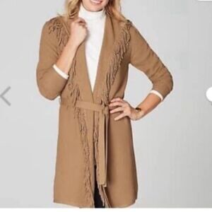 J Jill Women's Tan Fringe cotton blend long line Cardigan Sweater size 4x